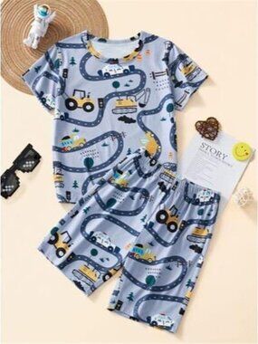 Children's Construction Vehicle Print Top and Shorts Set